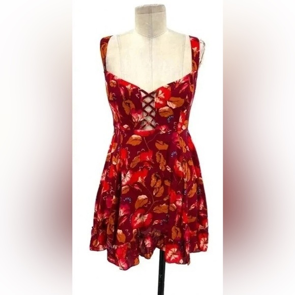 Free People Boho Red Floral Lattice Lovers Slip Mini Dress Red L - Picture 5 of 15